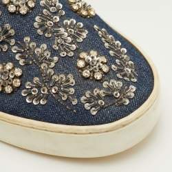 مملوكة مسبقًا Dior Happy Size 38 Black/Navy Blue Leather and Denim Crystal Embellished Slip On Sneakers