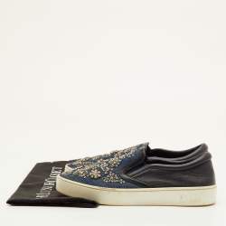 مملوكة مسبقًا Dior Happy Size 38 Black/Navy Blue Leather and Denim Crystal Embellished Slip On Sneakers