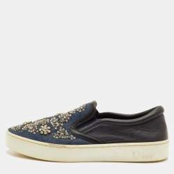 مملوكة مسبقًا Dior Happy Size 38 Black/Navy Blue Leather and Denim Crystal Embellished Slip On Sneakers