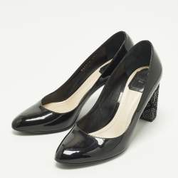 Pre Owned حذاء كعب عالي ديور جلد أسود لامع مزخرف ترصيع كعب سميك مقاس 38