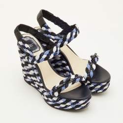 Pre Owned Dior Size 40 Multicolor Braided Fabric and Leather Open Toe Platform Wedge Sandals 
