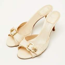 Pre Owned Dior Size 37 Off White Cannage Leather Buckle Detail Slide Sandals