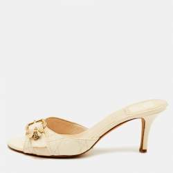 Pre Owned Dior Size 37 Off White Cannage Leather Buckle Detail Slide Sandals