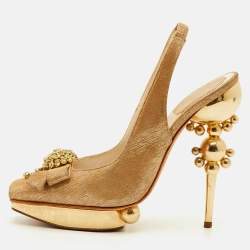 مملوكة مسبقًا Dior Size 36.5 Metallic Gold Suede Crystal Embellished Sculpted Heel Slingback Platform Sandals