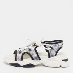 Pre Owned Dior D-Connect Size 37 Blue/White PVC and Satin Flat Sandals