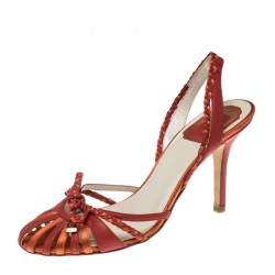 Pre Owned صندل ديور جلد ثنائي اللون وساتان بفيونكة وحزام للكاحل مقاس 37.5