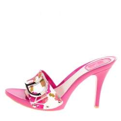 Pre Owned Dior Multicolor Printed Cotton Peep Toe Slide Clogs Size 39.5