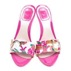 Pre Owned Dior Multicolor Printed Cotton Peep Toe Slide Clogs Size 39.5