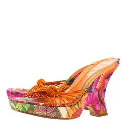 Dior Multicolor Floral Print Fabric Wedge Platform Slide Sandals Size 36.5