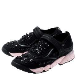 Pre Owned Dior Black Fabric And Mesh Neoprene Fusion Embellished Low-Top Sneakers Size 37