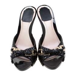 Pre Owned Dior Black Cannage Patent Leather Bow Slides Size 38
