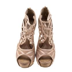 Pre Owned صندل ديور نعل سميك مقدمة مفتوحة قصه سويدي و ستان بيج مقاس 37