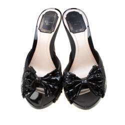 Pre Owned Dior Black Cannage Quilted Patent Leather Bow Detail Peep Toe Sandals Size 38.5