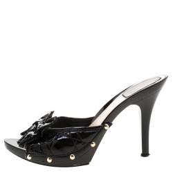 Pre Owned Dior Black Cannage Quilted Patent Leather Bow Detail Peep Toe Sandals Size 38.5