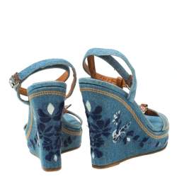Dior Blue Denim Embroidered Ankle Wrap Wedge Platform Sandals Size 36.5