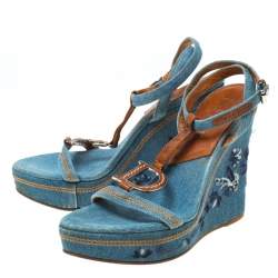 Dior Blue Denim Embroidered Ankle Wrap Wedge Platform Sandals Size 36.5