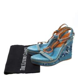 Dior Blue Denim Embroidered Ankle Wrap Wedge Platform Sandals Size 36.5