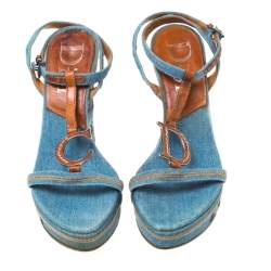 Dior Blue Denim Embroidered Ankle Wrap Wedge Platform Sandals Size 36.5