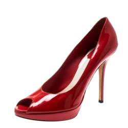 Pre Owned Dior Corail Patent Leather Peep Toe Platform Pumps Size 39.5