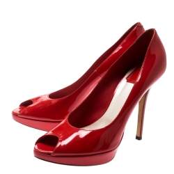 Pre Owned Dior Corail Patent Leather Peep Toe Platform Pumps Size 39.5