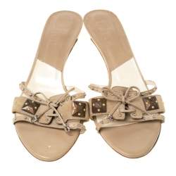 Dior Beige Studded Suede Bow Detail Open Toe Slides Size 40