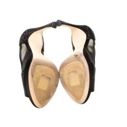 Pre Owned Dior Black Crystal Embellished Satin and Mesh Peep Toe Pumps Size 36.5