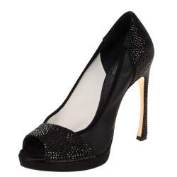 Pre Owned Dior Black Crystal Embellished Satin and Mesh Peep Toe Pumps Size 36.5
