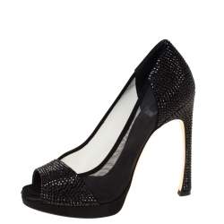 Pre Owned Dior Black Crystal Embellished Satin and Mesh Peep Toe Pumps Size 36.5