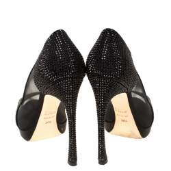 Pre Owned Dior Black Crystal Embellished Satin and Mesh Peep Toe Pumps Size 36.5