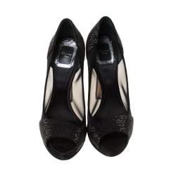 Pre Owned Dior Black Crystal Embellished Satin and Mesh Peep Toe Pumps Size 36.5
