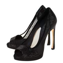 Pre Owned Dior Black Crystal Embellished Satin and Mesh Peep Toe Pumps Size 36.5