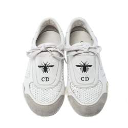 Pre Owned حذاء رياضي ديور دي فينس جلد أبيض وسويدي برباط مقاس 37.5