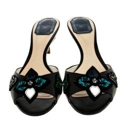 Pre Owned حذاء سلايد ديور مزخرف ورد ترتر جلد أسود مقاس 37.5