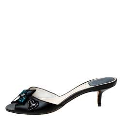 Pre Owned حذاء سلايد ديور مزخرف ورد ترتر جلد أسود مقاس 37.5