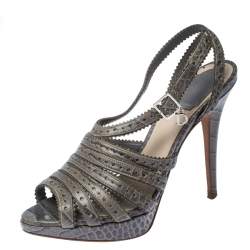 Dior Grey Crocodile Bonnie Strappy Peep Toe Platform Sandals Size 38.5