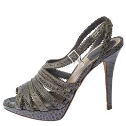 Dior Grey Crocodile Bonnie Strappy Peep Toe Platform Sandals Size 38.5