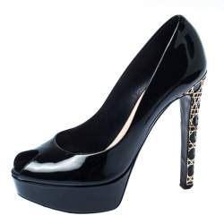 Dior Black Patent Leather Cannage Heel Peep Toe Pumps Size 36