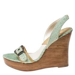 Christian Dior Green Python Slingback Wedge Platform Sandals Size 38