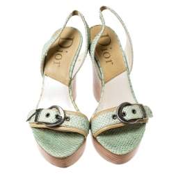 Christian Dior Green Python Slingback Wedge Platform Sandals Size 38
