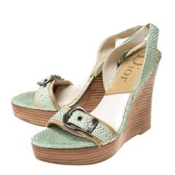 Christian Dior Green Python Slingback Wedge Platform Sandals Size 38