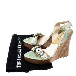 Christian Dior Green Python Slingback Wedge Platform Sandals Size 38