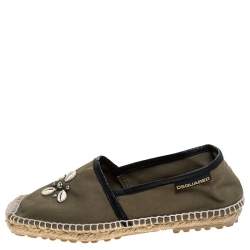 Pre Owned Dsquared2 Khaki Canvas Shell Embellished Espadrille Flats Size 39