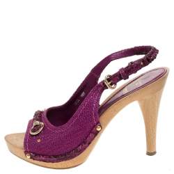 مملوكة مسبقًا صندل ديور فتحة كعب حواف جلد ثعبان وكانفاس بنفسجي مقاس 38