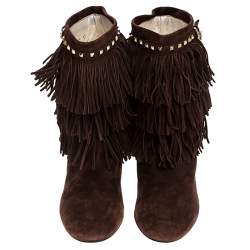 Pre Owned Dior Brown Suede Fringe Studded Trim Ankle Length Booties Size 37