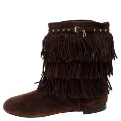 Pre Owned Dior Brown Suede Fringe Studded Trim Ankle Length Booties Size 37