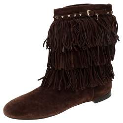 Pre Owned Dior Brown Suede Fringe Studded Trim Ankle Length Booties Size 37