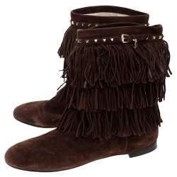 Pre Owned Dior Brown Suede Fringe Studded Trim Ankle Length Booties Size 37