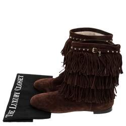 Pre Owned Dior Brown Suede Fringe Studded Trim Ankle Length Booties Size 37