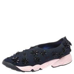 Dior Navy Blue/Pink  Floral Embellished Mesh Fusion Slip On Sneakers Size 40