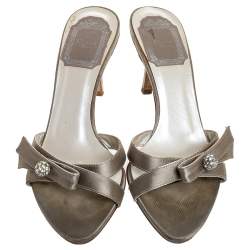 Christian Dior Grey Satin Crystal Ball Embellished Bow Detail Slip On Mules Size 36